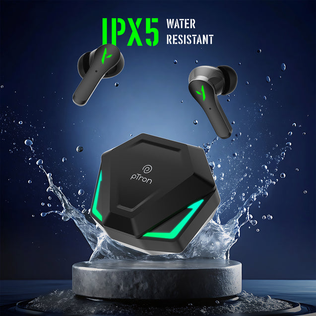 pTron Bassbuds Rogue W/ 40Ms Low-Latency Gaming, Clear Calls, 50Hrs Playtime, Pristine Sound, V5.3 Bluetooth in Ear Headphones, Snug-Fit, RGB Lights, Touch Control, Voice Assist, IPX5 Water Resistant (Black)