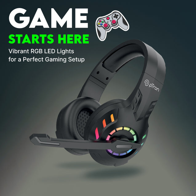 pTron Studio Sports Wireless BT Gaming Over-Ear Headphones, 30MS Low-Latency for Thrilling Gaming Experience, RGB Lights, Boom HD Mic w/AI ENC, 60Hr Playtime, Punchy Sound, Type-C Fast Charging (Black)