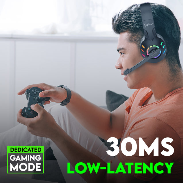 pTron Studio Sports Wireless BT Gaming Over-Ear Headphones, 30MS Low-Latency for Thrilling Gaming Experience, RGB Lights, Boom HD Mic w/AI ENC, 60Hr Playtime, Punchy Sound, Type-C Fast Charging (Black)