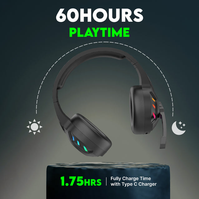 pTron Studio Sports Wireless BT Gaming Over-Ear Headphones, 30MS Low-Latency for Thrilling Gaming Experience, RGB Lights, Boom HD Mic w/AI ENC, 60Hr Playtime, Punchy Sound, Type-C Fast Charging (Black)