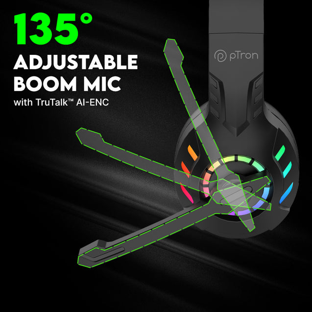 pTron Studio Sports Wireless BT Gaming Over-Ear Headphones, 30MS Low-Latency for Thrilling Gaming Experience, RGB Lights, Boom HD Mic w/AI ENC, 60Hr Playtime, Punchy Sound, Type-C Fast Charging (Black)