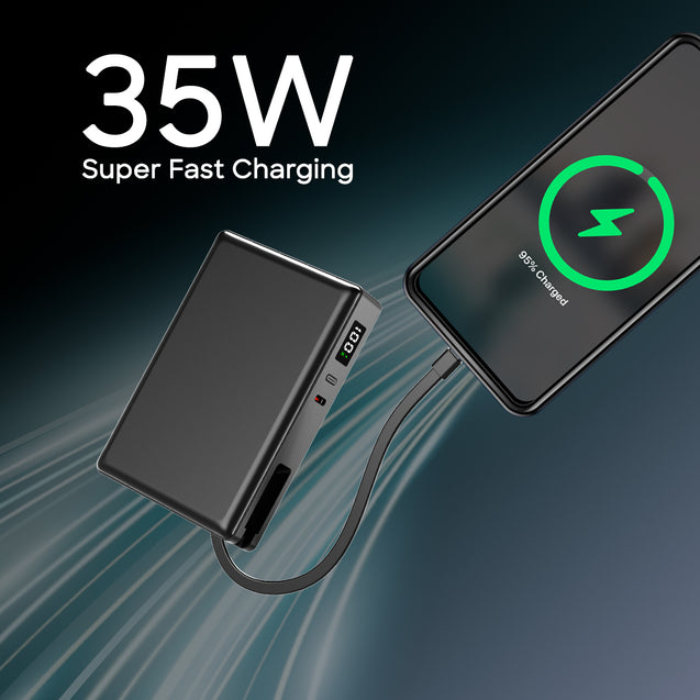 pTron Dynamo Sprint 20000mAh 35W Super Fast Charging, USB Type-C Input Power Bank Compatible with QC3.0/PD3.0, Built-in Charging Cable, 3 Charging Outputs, Type-C Input/Output Port (Black)