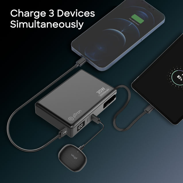pTron Dynamo Sprint 20000mAh 35W Super Fast Charging, USB Type-C Input Power Bank Compatible with QC3.0/PD3.0, Built-in Charging Cable, 3 Charging Outputs, Type-C Input/Output Port (Black)