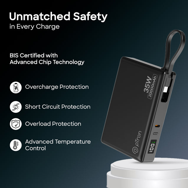 pTron Dynamo Sprint 20000mAh 35W Super Fast Charging, USB Type-C Input Power Bank Compatible with QC3.0/PD3.0, Built-in Charging Cable, 3 Charging Outputs, Type-C Input/Output Port (Black)