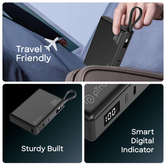 pTron Dynamo Sprint 20000mAh 35W Super Fast Charging, USB Type-C Input Power Bank Compatible with QC3.0/PD3.0, Built-in Charging Cable, 3 Charging Outputs, Type-C Input/Output Port (Black)