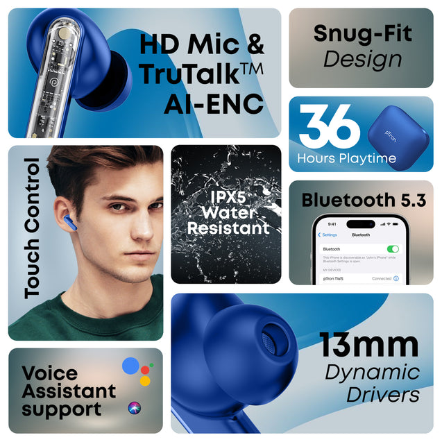 pTron Bassbuds Gomax in-Ear TWS Earbuds, HD Mic & TruTalk AI-ENC Calls, 36Hrs Playtime, 13mm Drivers, Bluetooth 5.3 Wireless Headphones, Voice Assist, Type-C Fast Charging & IPX5 (Bold Blue)