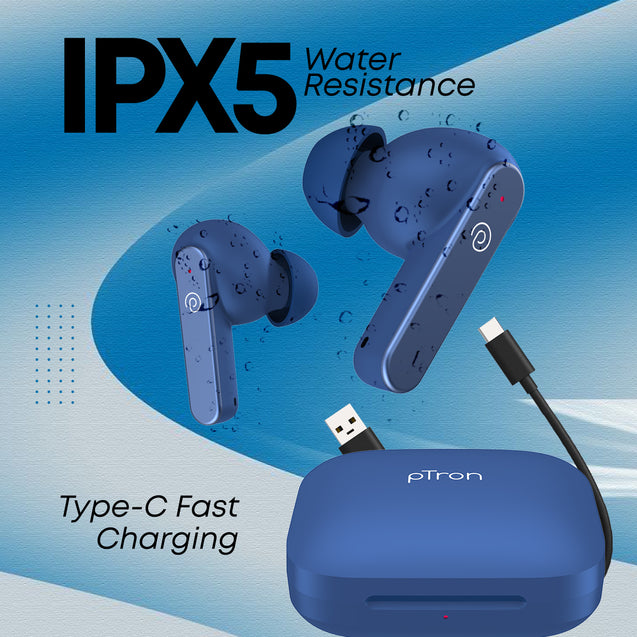pTron Bassbuds Gomax in-Ear TWS Earbuds, HD Mic & TruTalk AI-ENC Calls, 36Hrs Playtime, 13mm Drivers, Bluetooth 5.3 Wireless Headphones, Voice Assist, Type-C Fast Charging & IPX5 (Bold Blue)