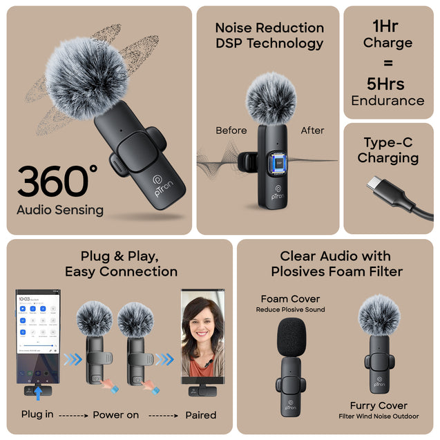 pTron KWM-1 Omnidirectional Type C Wireless Microphone w/DSP Noise Cancellation, Plug & Play, 25m Wireless Range, Lapel Wireless Collar Mic for Video Recording, Supports Type C Android, iPhone (Black)