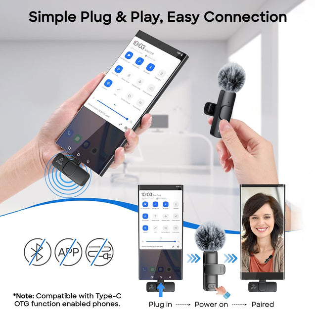 pTron KWM-1 Omnidirectional Type C Wireless Microphone w/DSP Noise Cancellation, Plug & Play, 25m Wireless Range, Lapel Wireless Collar Mic for Video Recording, Supports Type C Android, iPhone (Black)