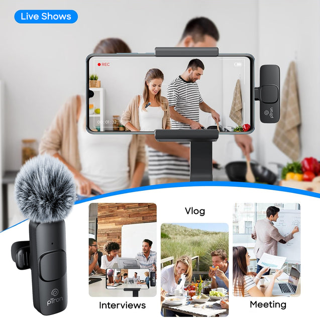 pTron KWM-1 Omnidirectional Type C Wireless Microphone w/DSP Noise Cancellation, Plug & Play, 25m Wireless Range, Lapel Wireless Collar Mic for Video Recording, Supports Type C Android, iPhone (Black)