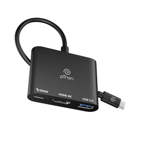 pTron Nexo 3 in 1 Type C to HDMI Adapter, Multiport USB C Hub with 4K@30Hz, USB 3.0 @ 5 Gbps, 100W PD Charging Port for Laptop, MacBook, PC and Other Type C Devices (Black)