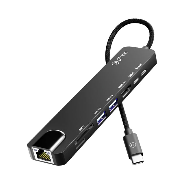 pTron Nexo 8-in-1 Type C to HDMI USB Hub w/ 4K@30Hz HDMI, 100Mbps Ethernet, 100W PD Charging, USB 3.0, USB 2.0, USB-C 2.0 Data, microSD/SD Card Slots for All Type C Devices, MacBook, Laptop, PC (Black)