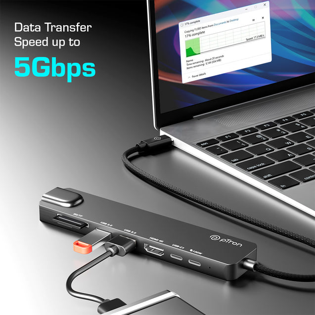 pTron Nexo 8-in-1 Type C to HDMI USB Hub w/ 4K@30Hz HDMI, 100Mbps Ethernet, 100W PD Charging, USB 3.0, USB 2.0, USB-C 2.0 Data, microSD/SD Card Slots for All Type C Devices, MacBook, Laptop, PC (Black)