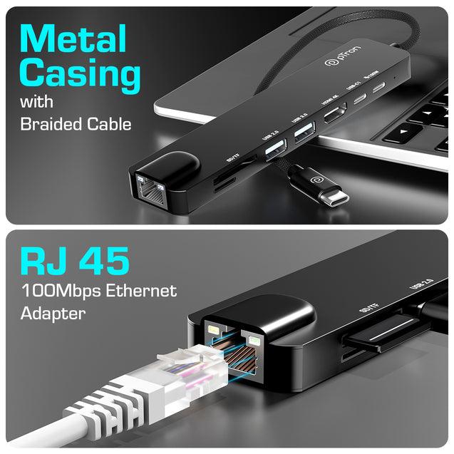 pTron Nexo 8-in-1 Type C to HDMI USB Hub w/ 4K@30Hz HDMI, 100Mbps Ethernet, 100W PD Charging, USB 3.0, USB 2.0, USB-C 2.0 Data, microSD/SD Card Slots for All Type C Devices, MacBook, Laptop, PC (Black)