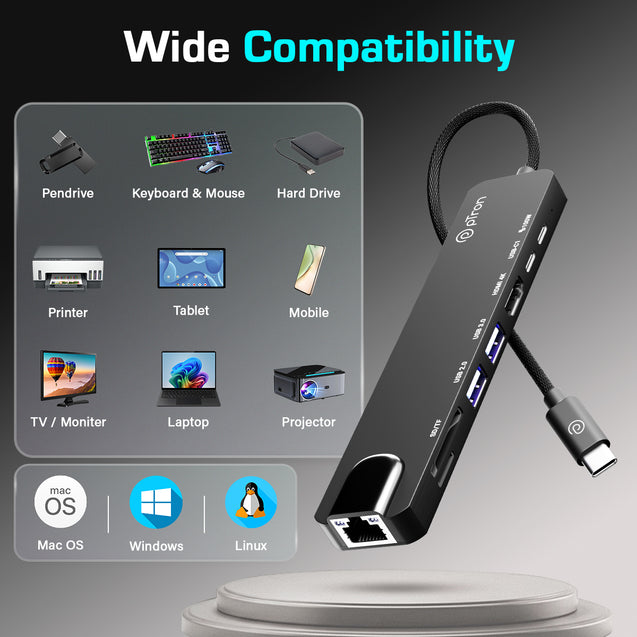pTron Nexo 8-in-1 Type C to HDMI USB Hub w/ 4K@30Hz HDMI, 100Mbps Ethernet, 100W PD Charging, USB 3.0, USB 2.0, USB-C 2.0 Data, microSD/SD Card Slots for All Type C Devices, MacBook, Laptop, PC (Black)