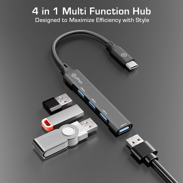 pTron Nexo 4 in 1 Type-C USB, Type C Multiport Adapter with 1 x USB 3.0 & 3 x USB 2.0 Ports, 5 Gbps High Speed Data Transfer for Laptop, MacBook, PC, Portable Design with Metal Case (Black)