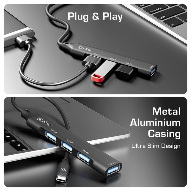 pTron Nexo 4 in 1 Type-C USB, Type C Multiport Adapter with 1 x USB 3.0 & 3 x USB 2.0 Ports, 5 Gbps High Speed Data Transfer for Laptop, MacBook, PC, Portable Design with Metal Case (Black)