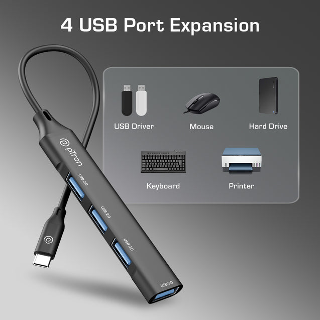 pTron Nexo 4 in 1 Type-C USB, Type C Multiport Adapter with 1 x USB 3.0 & 3 x USB 2.0 Ports, 5 Gbps High Speed Data Transfer for Laptop, MacBook, PC, Portable Design with Metal Case (Black)