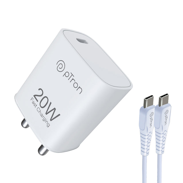 pTron Volta FC18 20W PD Charger, Fast Charging, Compatible with iPhone 15/14/13/12/11/X/8 & Other Type C Enabled Devices, Single Port, Power Delivery Compatible, 1m 3A Type C Cable Included (White)