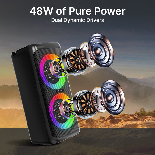 pTron Fusion Saga 48W Bluetooth Party Speaker w/Pristine Sound, Dual Drivers, Rhythmic RGB Lights, 6Hrs Playtime, BT5.3/Aux/TF Card/USB Playback Modes, Type-C Charging, Portable Design (Black)