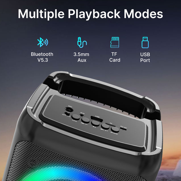 pTron Fusion Saga 48W Bluetooth Party Speaker w/Pristine Sound, Dual Drivers, Rhythmic RGB Lights, 6Hrs Playtime, BT5.3/Aux/TF Card/USB Playback Modes, Type-C Charging, Portable Design (Black)