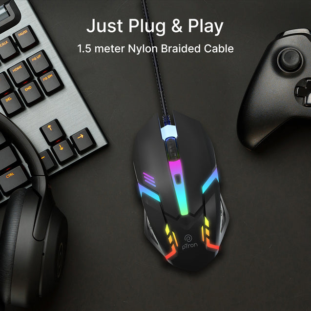 pTron Flick M12 Wired USB Mouse with 4 Buttons, 1600 DPI Optical Sensor, Precision Tracking, RGB Lights, 4 Adjustable DPI, Plug & Play Use, Ergonomic Design, for Windows OS (Black)