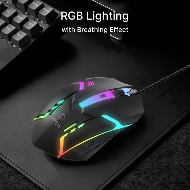 pTron Flick M12 Wired USB Mouse with 4 Buttons, 1600 DPI Optical Sensor, Precision Tracking, RGB Lights, 4 Adjustable DPI, Plug & Play Use, Ergonomic Design, for Windows OS (Black)