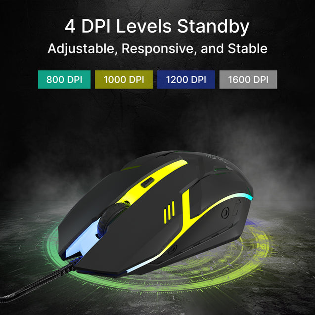 pTron Flick M12 Wired USB Mouse with 4 Buttons, 1600 DPI Optical Sensor, Precision Tracking, RGB Lights, 4 Adjustable DPI, Plug & Play Use, Ergonomic Design, for Windows OS (Black)