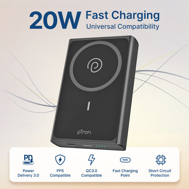 pTron Dynamo Fuel 20000mAh 15W Magnetic Wireless Power Bank w/ 20W Fast Type-C/PD Charging, USB Type-C Input/Output, Compatible with iPhone 12 & Above, Android & Other Qi Enabled Devices (Black)