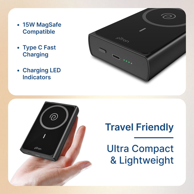 pTron Dynamo Fuel 20000mAh 15W Magnetic Wireless Power Bank w/ 20W Fast Type-C/PD Charging, USB Type-C Input/Output, Compatible with iPhone 12 & Above, Android & Other Qi Enabled Devices (Black)