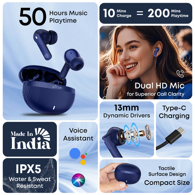 pTron Bassbuds Fury in-Ear TWS Earbuds with 13mm Drivers, 50Hrs Playtime, AI-ENC Clear Calls, Bluetooth V5.4 Wireless Headphones, Voice Assistant, Type C Charging &amp; IPX5 Water Resistant (Blue)