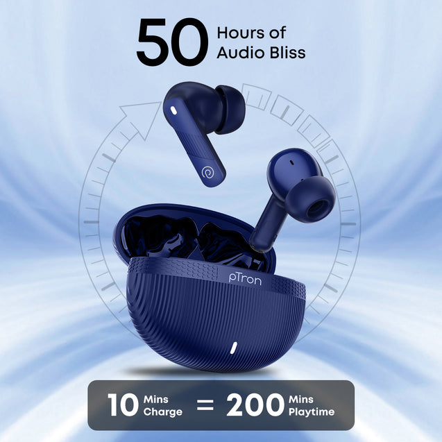 pTron Bassbuds Fury in-Ear TWS Earbuds with 13mm Drivers, 50Hrs Playtime, AI-ENC Clear Calls, Bluetooth V5.4 Wireless Headphones, Voice Assistant, Type C Charging &amp; IPX5 Water Resistant (Blue)