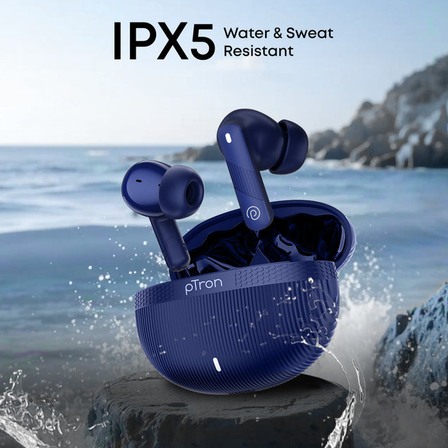 pTron Bassbuds Fury in-Ear TWS Earbuds with 13mm Drivers, 50Hrs Playtime, AI-ENC Clear Calls, Bluetooth V5.4 Wireless Headphones, Voice Assistant, Type C Charging &amp; IPX5 Water Resistant (Blue)