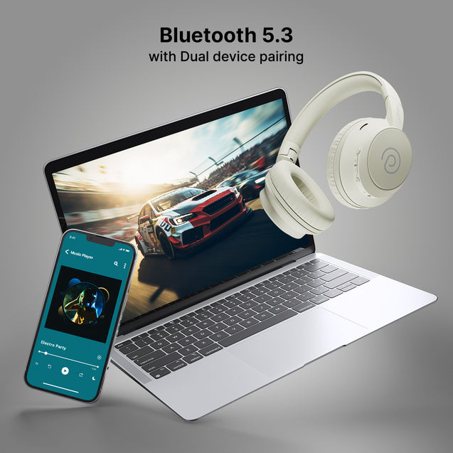 pTron Studio Evo 70hrs Playtime Wireless Over Ear Headphones with HD Mic, Low-Latency Game/Movie/Music Modes, Punchy Bass, BT5.3, Dual Device Pairing, Voice Assistant & Type-C Fast Charging (Beige)