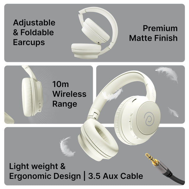 pTron Studio Evo 70hrs Playtime Wireless Over Ear Headphones with HD Mic, Low-Latency Game/Movie/Music Modes, Punchy Bass, BT5.3, Dual Device Pairing, Voice Assistant & Type-C Fast Charging (Beige)