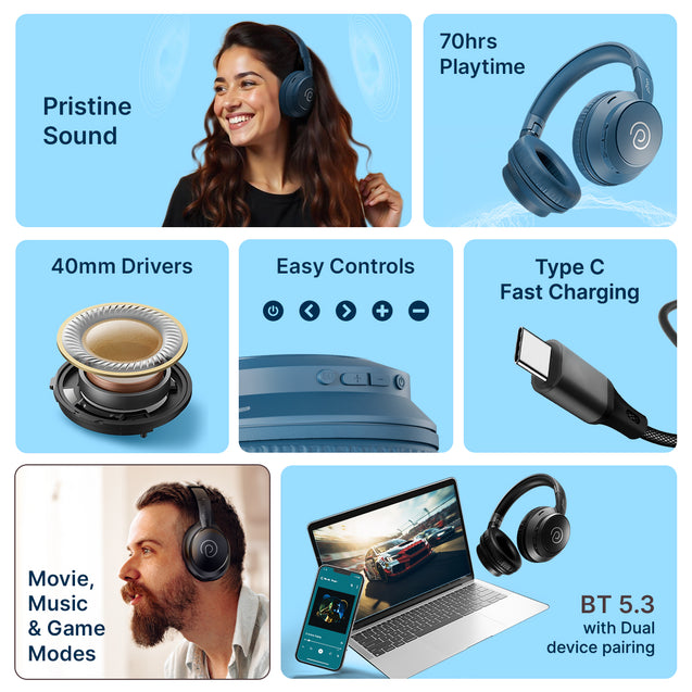 pTron Studio Evo 70hrs Playtime Wireless Over Ear Headphones with HD Mic, Low-Latency Game/Movie/Music Modes, Punchy Bass, BT5.3, Dual Device Pairing, Voice Assistant & Type-C Fast Charging (Blue)