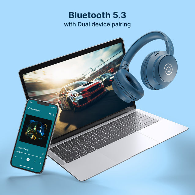 pTron Studio Evo 70hrs Playtime Wireless Over Ear Headphones with HD Mic, Low-Latency Game/Movie/Music Modes, Punchy Bass, BT5.3, Dual Device Pairing, Voice Assistant & Type-C Fast Charging (Blue)
