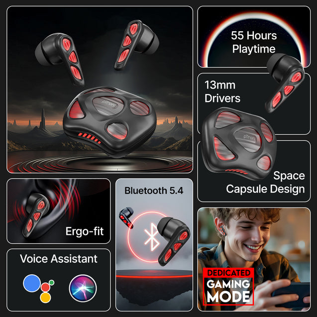 pTron Zenbuds Nova w/ 40ms Low-Latency Gaming, 55Hrs Playtime, Dual Mic & AI-ENC Calls, App Support, Pristine Sound, V5.4 Bluetooth Headphones, RGB Lights, Voice Assist, IPX5 Water Resistant (Black)