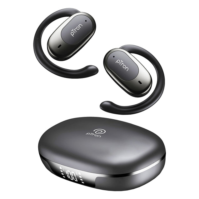 pTron Bassbuds Senz Open Ear Wireless Earbuds, SafeBeats Design, Dual HD Mics & AI-ENC for Clear Calls, 50hrs Playtime, 13mm Dynamic Drivers, BT6.0 Headphones, Type C Fast Charging & IPX5 (Black)