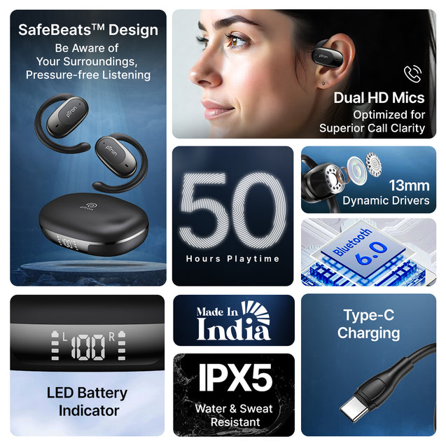 pTron Bassbuds Senz Open Ear Wireless Earbuds, SafeBeats Design, Dual HD Mics & AI-ENC for Clear Calls, 50hrs Playtime, 13mm Dynamic Drivers, BT6.0 Headphones, Type C Fast Charging & IPX5 (Black)