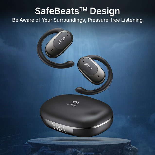 pTron Bassbuds Senz Open Ear Wireless Earbuds, SafeBeats Design, Dual HD Mics & AI-ENC for Clear Calls, 50hrs Playtime, 13mm Dynamic Drivers, BT6.0 Headphones, Type C Fast Charging & IPX5 (Black)