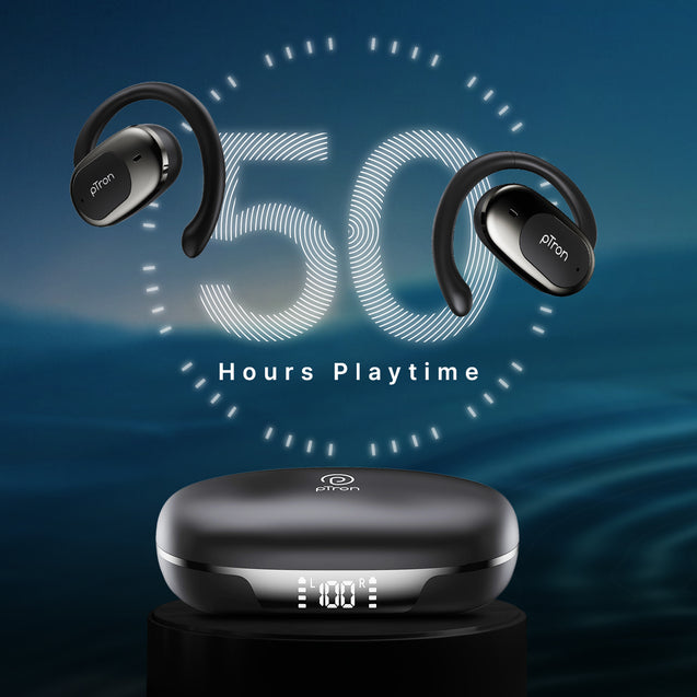 pTron Bassbuds Senz Open Ear Wireless Earbuds, SafeBeats Design, Dual HD Mics & AI-ENC for Clear Calls, 50hrs Playtime, 13mm Dynamic Drivers, BT6.0 Headphones, Type C Fast Charging & IPX5 (Black)