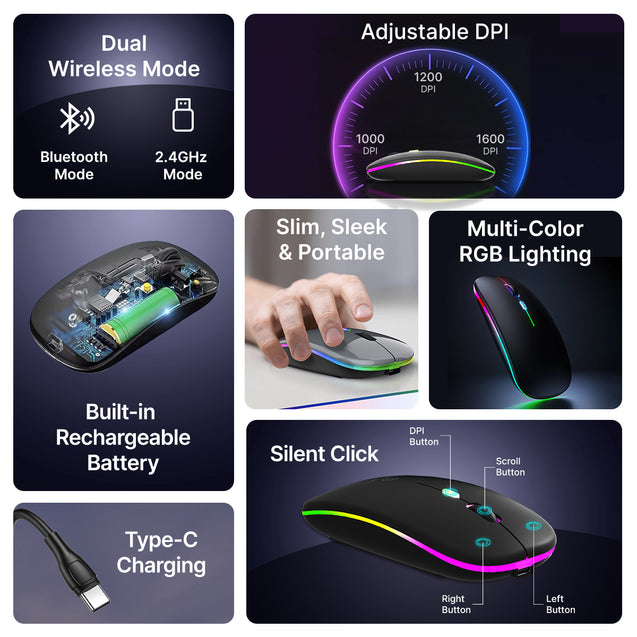 pTron Flick M1 Slim Wireless Mouse w/Rechargeable Battery, Dual Connectivity 2.4Ghz & BT, 4 Buttons, 1000/1200/1600 DPI, Vivid LED Lights, Silent Operation, Plug & Play, Type C Charging (Black)