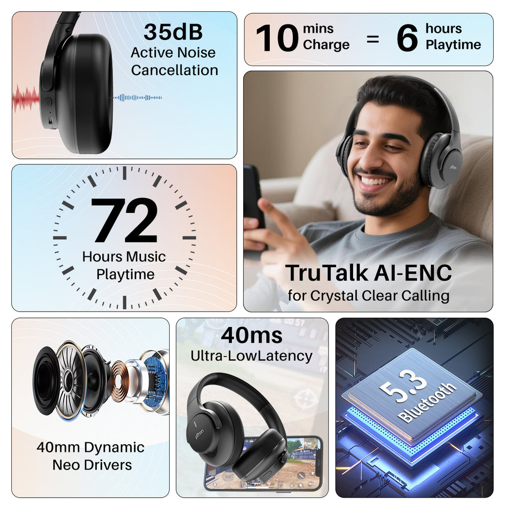 pTron Studio Urban 35dB Active Noise Cancellation Bluetooth Wireless O ...