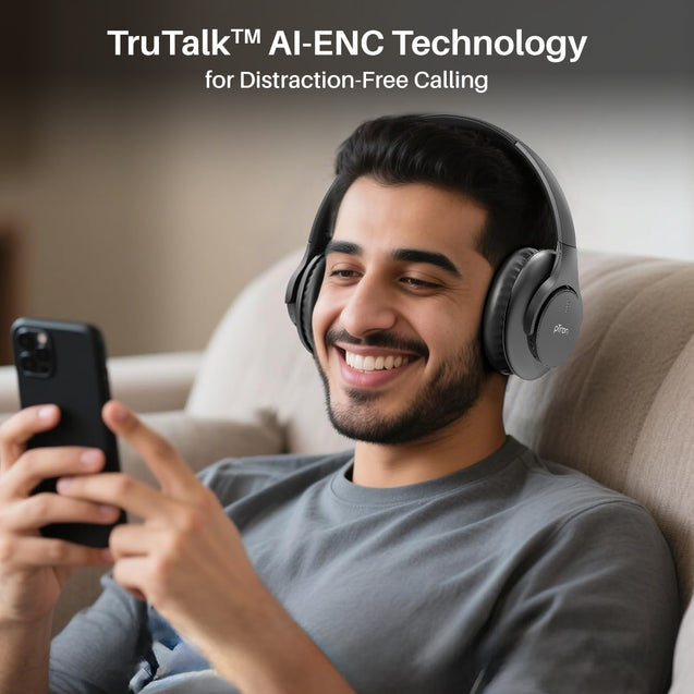pTron Studio Urban 35dB Active Noise Cancellation Bluetooth Wireless Over Ear Headphones with Mic, 72Hrs Playtime, 40mm Bass Drivers, TruTalk AI-ENC Calls, 40ms Low Latency Gaming, Foldable Cups (Black)