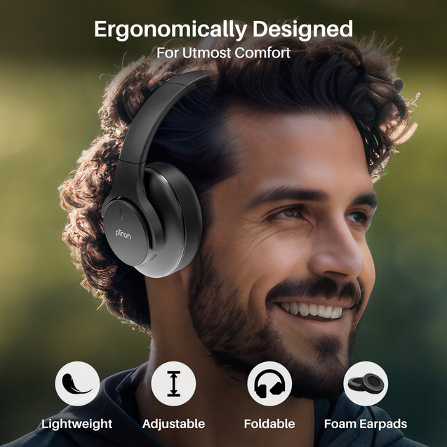 pTron Studio Urban 35dB Active Noise Cancellation Bluetooth Wireless Over Ear Headphones with Mic, 72Hrs Playtime, 40mm Bass Drivers, TruTalk AI-ENC Calls, 40ms Low Latency Gaming, Foldable Cups (Black)