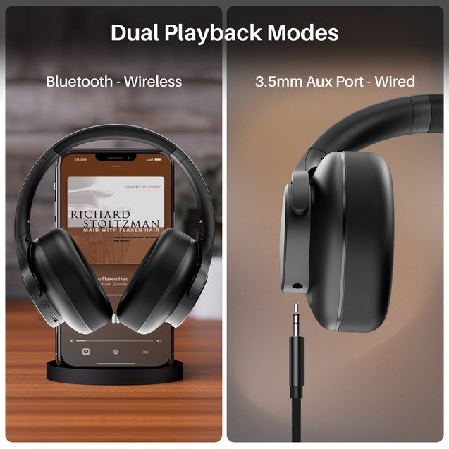 pTron Studio Urban 35dB Active Noise Cancellation Bluetooth Wireless Over Ear Headphones with Mic, 72Hrs Playtime, 40mm Bass Drivers, TruTalk AI-ENC Calls, 40ms Low Latency Gaming, Foldable Cups (Black)