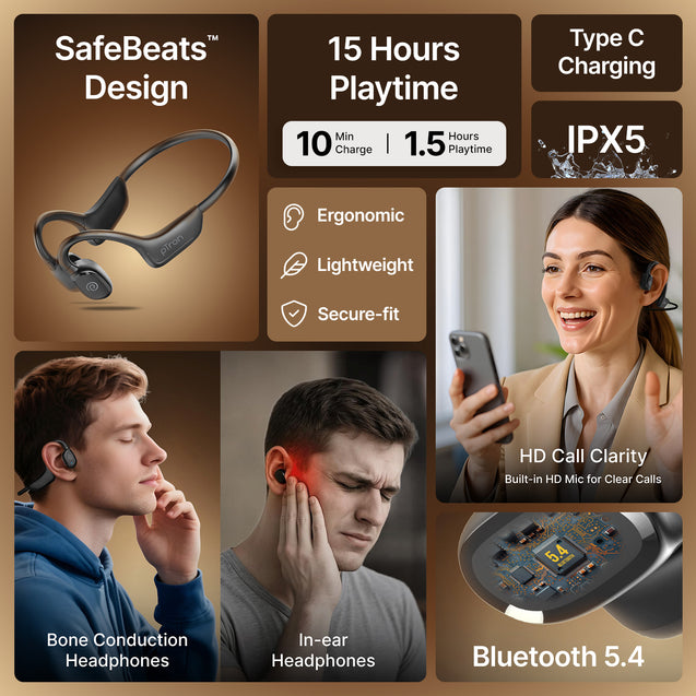 pTron Tangent Max Bone Conduction Headphones w/Mic, 15hrs Playtime, IPX5 Water Resistant, Bluetooth V5.4 Open Ear Headphones, Lightweight & Comfortable, Touch Controls & Type C Charging (Black)