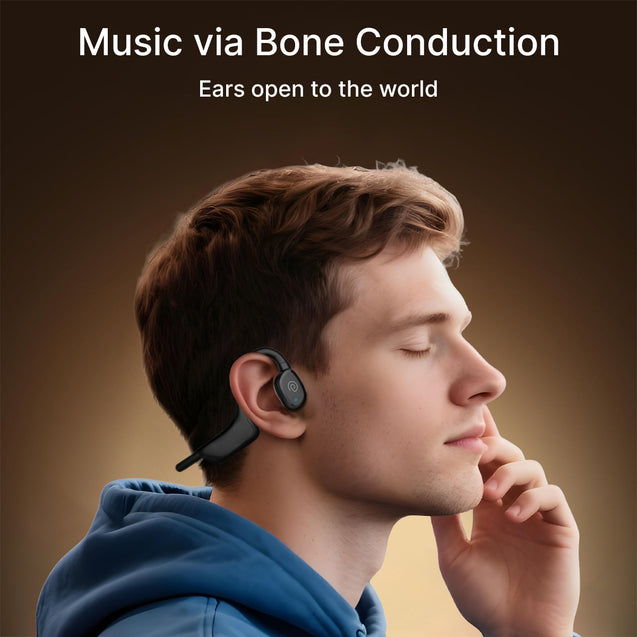 pTron Tangent Max Bone Conduction Headphones w/Mic, 15hrs Playtime, IPX5 Water Resistant, Bluetooth V5.4 Open Ear Headphones, Lightweight & Comfortable, Touch Controls & Type C Charging (Black)