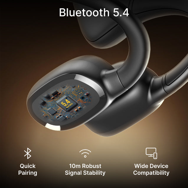 pTron Tangent Max Bone Conduction Headphones w/Mic, 15hrs Playtime, IPX5 Water Resistant, Bluetooth V5.4 Open Ear Headphones, Lightweight & Comfortable, Touch Controls & Type C Charging (Black)
